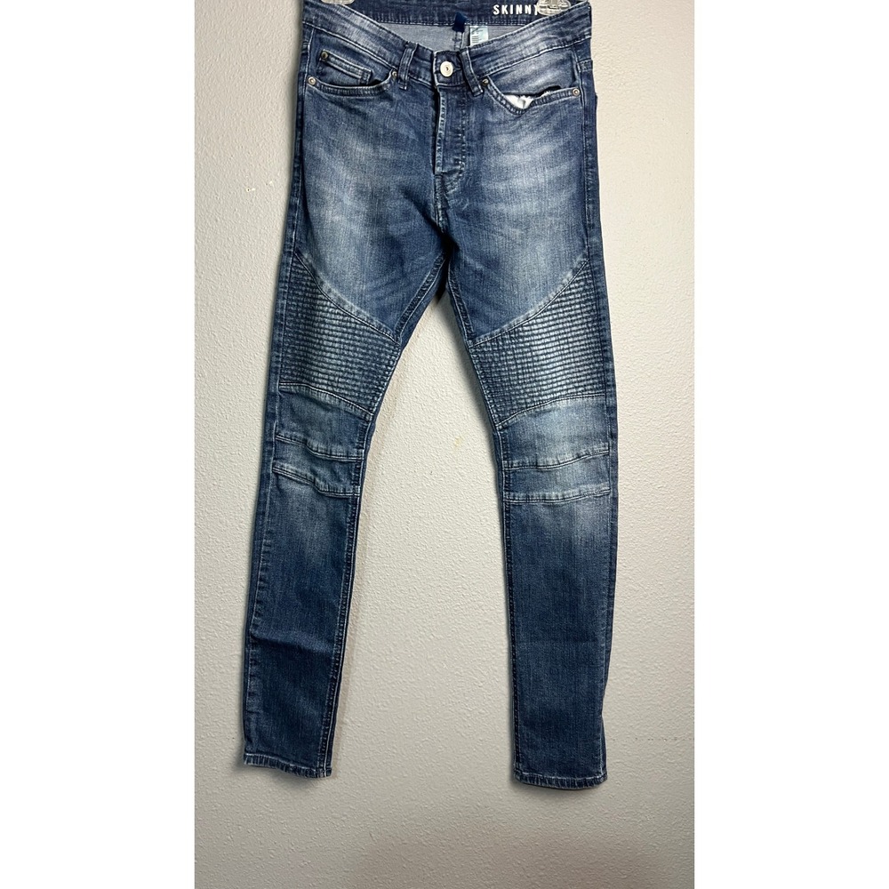 H&M Divided Mens Moto Skinny Jeans Blue Medium Wash Ribbed Biker Size 28